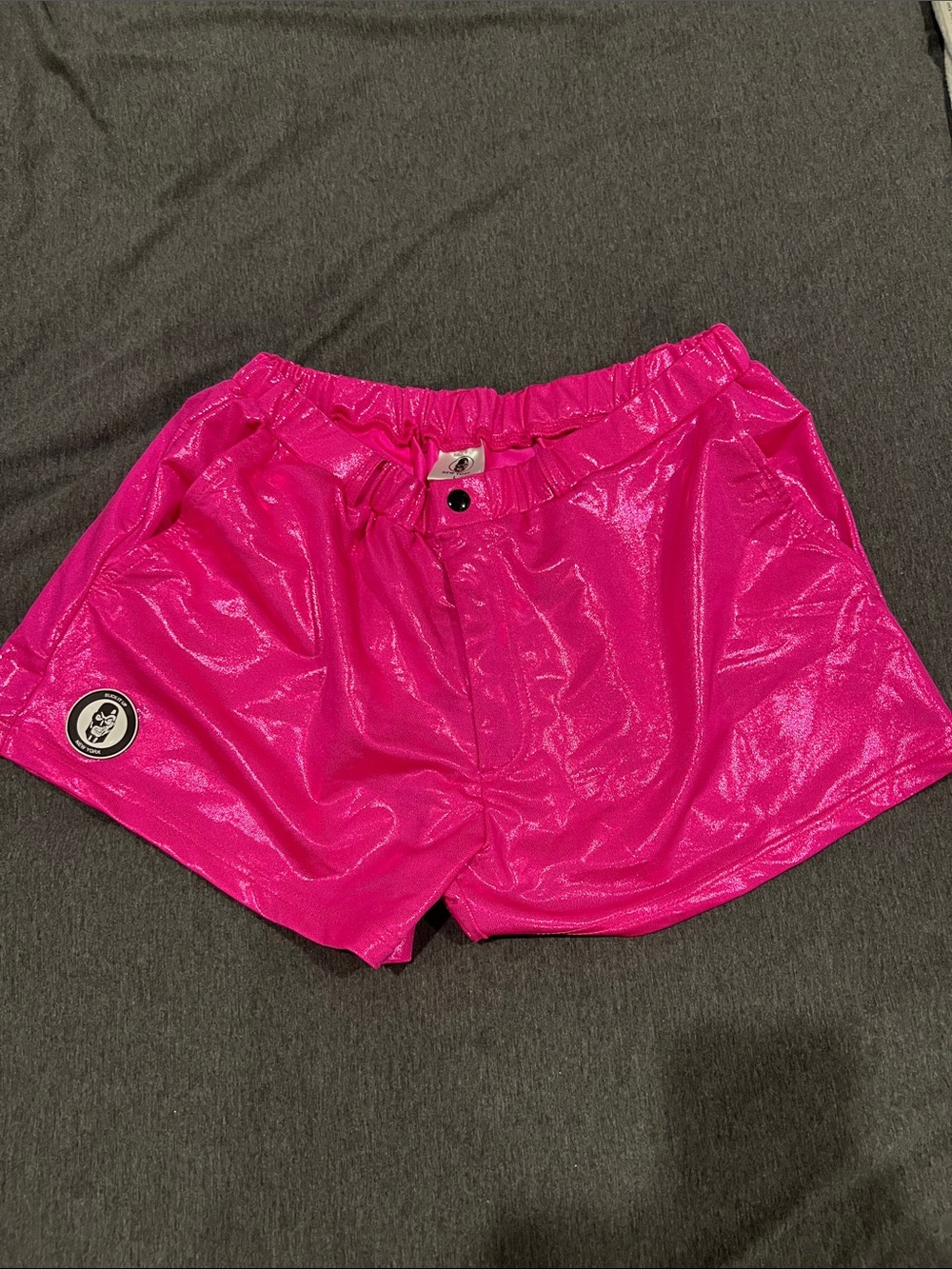Mens Slick It Up  Shiny Hot Pink Athletic Shorts with Button Waist Large Gay